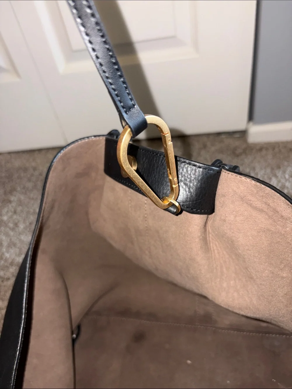 All Saints Black Leather Tote Bag with Gold Accents